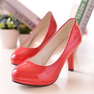 单鞋女高跟鞋2015套脚圆头浅口8cm细跟春夏季红色结婚鞋工作女鞋