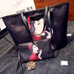 大包包欧美潮女包韩版大容量黑色单肩包复古印花子母包手提购物袋