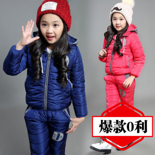 童装女童冬装2015新款韩版中大童两件套加厚棉衣套装儿童冬季外套