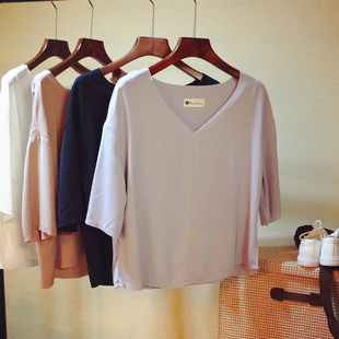 2015夏 新款女 韩版纯色大码V领拼雪纺宽松短袖T恤上衣 特价