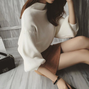 秋冬毛衣女外穿新款韩版灯笼袖长袖打底半高领套头显瘦纯色针织衫