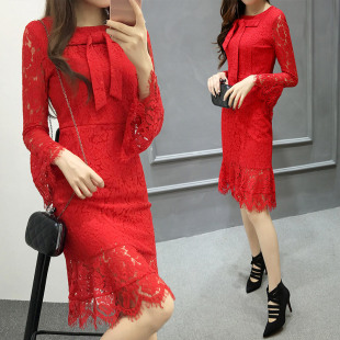 2015韩版女装新款气质修身蕾丝红色连衣裙秋冬名媛中长款打底裙潮