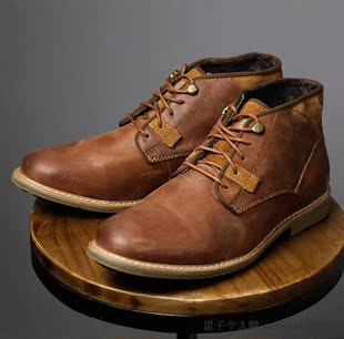 男士皮鞋做旧植揉休闲鞋经典简约款高帮皮鞋-小拖双色