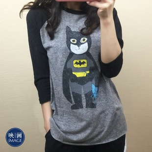 蝙蝠侠插肩袖九分袖T恤女 韩版夏秋季宽松卡通可爱纯棉打底衫上衣