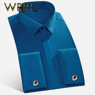 WRRT 春季新款男士长袖修身新郎衬衫时尚方领法式衬衣潮0256
