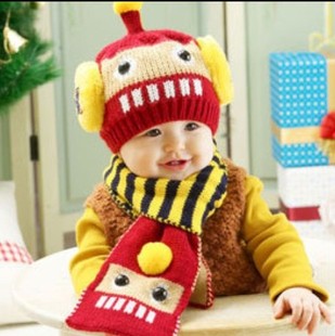 小男孩毛线帽子围脖一体套装秋冬天加绒保暖防风护耳帽儿童婴儿帽