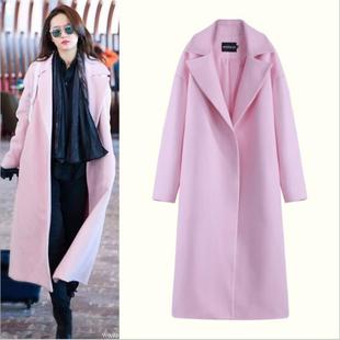 刘亦菲明星同款2016秋冬新款气质毛呢外套中长款粉色修身羊绒大衣