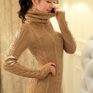 2015秋冬季新款加厚高领毛衣女套头韩版女装中长款麻花打底针织衫