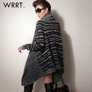 WRRT 2015秋季新款大码宽松韩版条纹开衫不规则披肩款毛衣4941