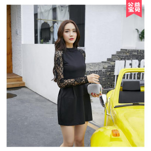 秋季韩版新款时尚修身黑色气质长袖蕾丝A字连衣裙打底短裙蓬蓬裙