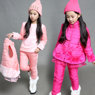 2015新款童装女童冬装三件套加绒加厚 中大童秋冬季儿童休闲套装