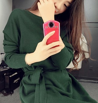 2016韩版时尚新款大牌欧范纯色绑带侧开叉长款长袖针织衫连衣裙女