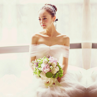 婚纱2015春韩版新款 一字肩抹胸小拖尾结婚蕾丝双肩夏新娘礼服女