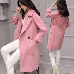 2015冬季新款女装时尚韩版百搭中长款廓形加厚羊毛呢子外套大衣女