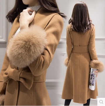 2015冬新款韩版修身显瘦气质款狐狸毛修身中长款毛呢大衣加棉外套