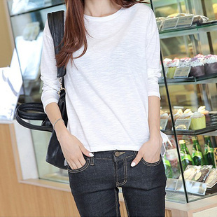 韩国代购2016春新款韩版圆领长袖纯色打底衫白色宽松大码女装T恤