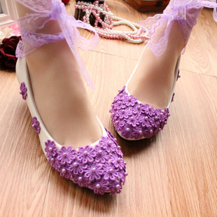多彩演出紫色蕾丝带鞋拍照鞋婚宴新娘鞋伴娘鞋平底孕妇鞋手作女鞋