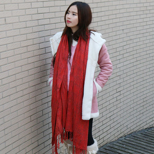 2015冬季新款加厚红色毛线穿麻流苏长款保暖披肩围巾