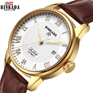 宾卡达 瑞士品牌正品机械手表 男士手表 防水商务男表 真皮