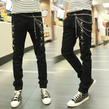 非主流韩版黑色骷髅个性 潮男裤修身铅笔长裤男装小脚裤紧身牛仔