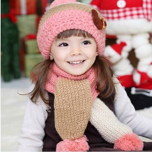 儿童帽子+围巾套装小女孩韩版新款男女宝宝粗毛线球球帽子潮2-8岁
