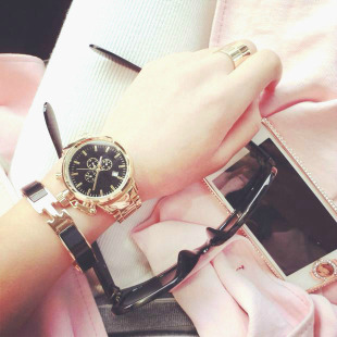 韩国DON潮流时尚男女表石英手表钢带玫瑰金色日历大表盘土豪金表