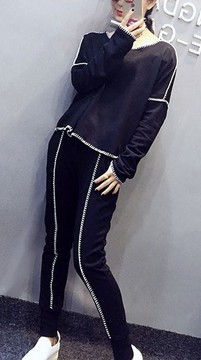 2016韩版时尚休闲宽松运动风春款圆领粗线锁边棉面料纯色气质套装