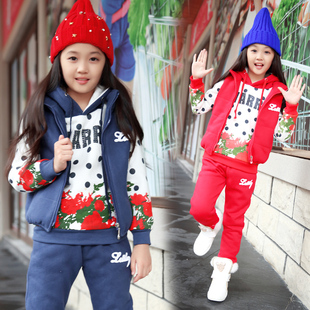 童装秋冬女童套装2015新款儿童韩版时尚卫衣加厚保暖中大童三件套