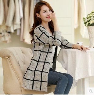 2016秋季新款韩版大码针织衫宽松女装中长款灰色格子毛衣开衫外套