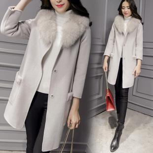 2015秋冬新款大毛领气质显瘦中长款长袖毛呢欧美风外套