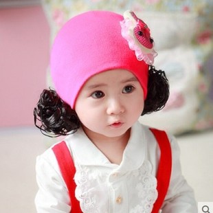 秋季棉布假发帽子 小女孩纯棉胎帽冬天宝宝套头帽婴幼儿童帽0-3岁
