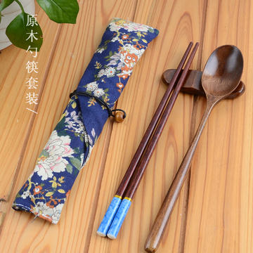 包邮木制餐具套装原木勺子木筷子棉布袋学生成人旅行环保便携餐具