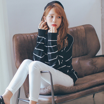 2015韩国新款简约基础款圆领条纹显瘦宽松套头毛衣针织衫长袖女装