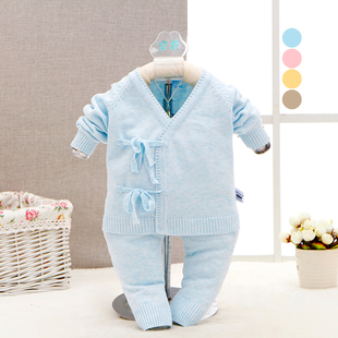 新生儿纱衣线衣服男女宝宝开衫婴儿毛衣套装秋装系带彩棉针织衫