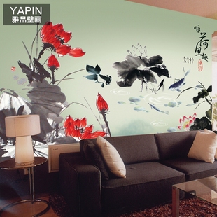 中式壁纸 咏荷鱼趣 定制大型壁画客厅电视背景墙壁纸电视墙画
