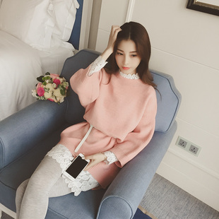 2015秋冬装新款韩版纯色中长款宽松显瘦长袖甜美套头针织衫毛衣女