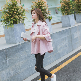 2016秋季新款高品质韩国代购同款女士短款宽松七分袖风衣外套女