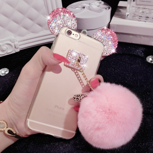 日韩獭兔毛球苹果6手机壳水钻5.5iPhone6Splus手机壳 保护套硅胶