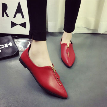 韩版女红色尖头平底单鞋平跟浅口小皮鞋百搭女工作鞋休闲软皮潮鞋