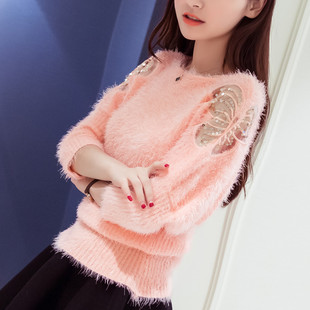 蔻黛丽2015秋冬新款韩版女装圆领蝙蝠衫毛衣针织衫大码马海毛外套