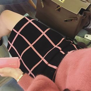 2015秋冬新款韩版时尚百搭呢子彩色格子高腰包臀半身裙A字裙短裙
