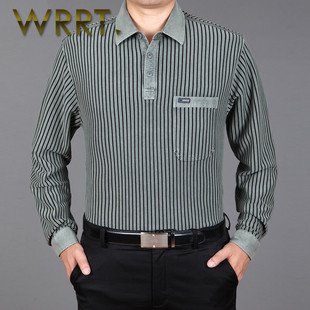 WRRT高端品牌条纹宽松长袖上衣秋季新款纯棉翻领男装中年T恤6925