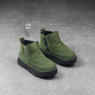 真皮童鞋男童靴子儿童皮靴女童短靴军绿色简约棉靴2015冬季新款潮