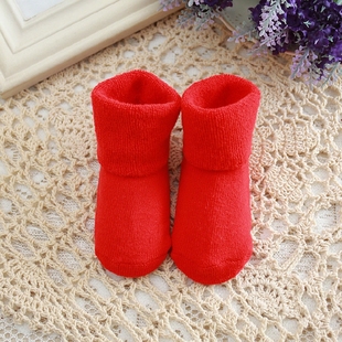 纯棉加厚宝宝毛圈袜0-1--3岁大红色新年拜年袜婴幼儿保暖儿童袜子
