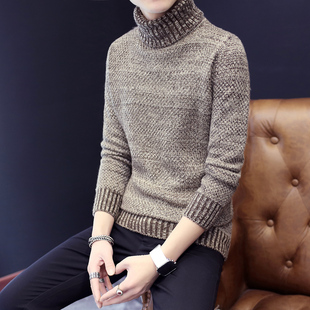 冬季新款男士韩版翻高领毛衣纯色加厚修身针织衫青年学生外套男潮