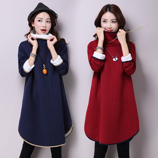 2015冬季新款韩版大码女装中长款高领加厚打底裙修身羊羔毛连衣裙
