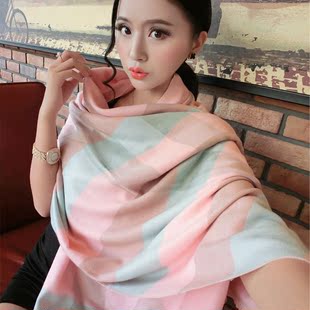 韩国版双面格子围巾女秋冬季超长款加厚加宽披肩两用纯色保暖围脖