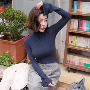 秋冬韩版高领打底衫显瘦纯色莫代尔紧身长袖上衣女修身喇叭袖t恤