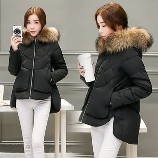 韩版新款冬季面包棉服女中长款貉子毛连帽超大真毛领加厚棉衣外套