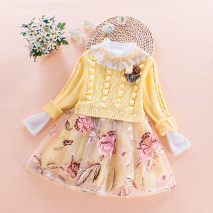 女童秋装连衣裙长袖纯棉童装2016新款时尚两件套儿童公主毛衣裙子